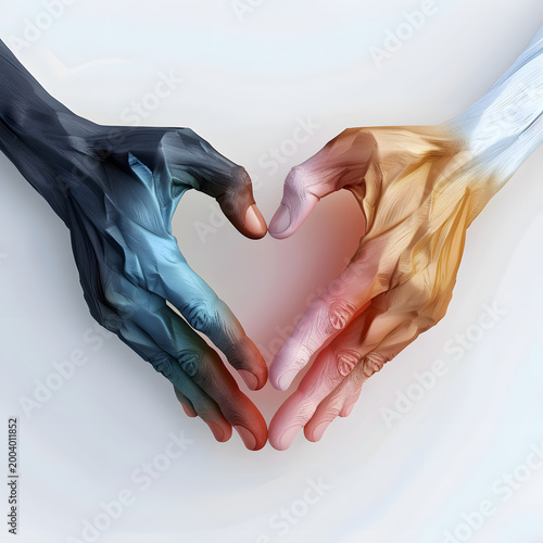 Two black and white hands forming heart shape with gold. LGBTQ love and unity concept