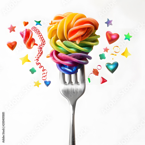 Rainbow pasta on fork with colorful heart confetti. LGBTQ pride and food concept