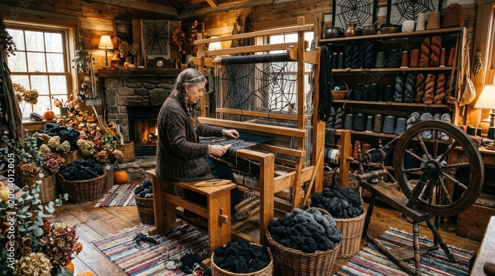 Fototapeta premium Woman weaving on a loom in a rustic cabin filled with yarn and autumn decor