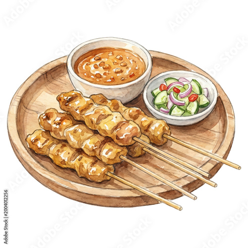 Pork Satay Thai Grilled Skewers with Peanut Sauce Watercolor PNG