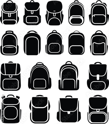Collection of backpack icons and silhouettes with school bag travel bag carry bag design element