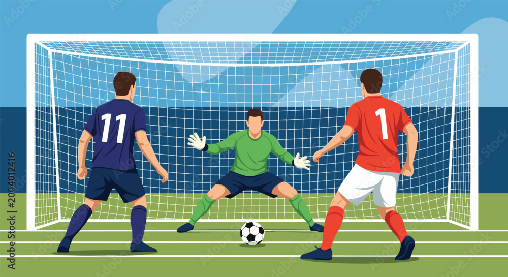 Obraz premium Intense soccer match moment as two opposing players face the goalkeeper who is ready to defend the goal on the field.
