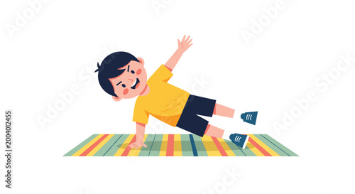 Active young boy practicing a side plank exercise on a colorful striped mat to stay healthy and strong at home.
