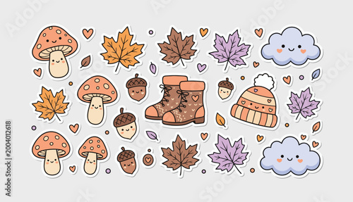 Cute Autumn Nature Sticker Collection Flat Kawaii Style