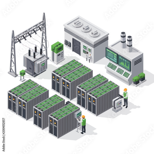 Modern Energy Storage System with Battery Banks and Control Center.