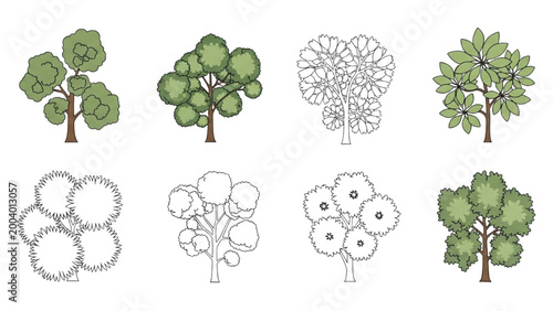Various tree illustrations in 2D AutoCAD designs and nature scenes