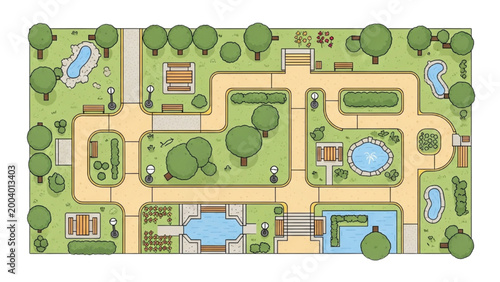 2D AutoCAD illustration of a large park with walking paths and trees