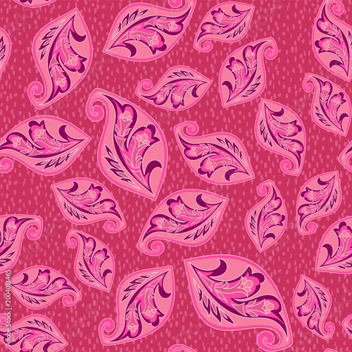 Fotografie Seamless vector pattern with elegant paisley ornaments and buta shapes on a textured pink background