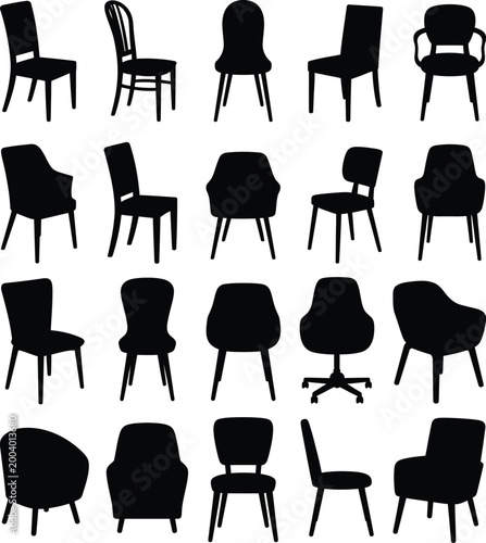 Variety of chair silhouettes in different styles and poses with furniture silhouette collection
