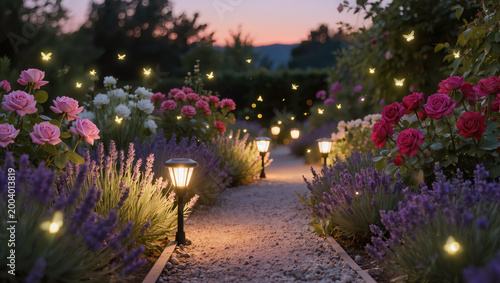 Enchanted Garden Path with Glowing Fireflies at Dusk