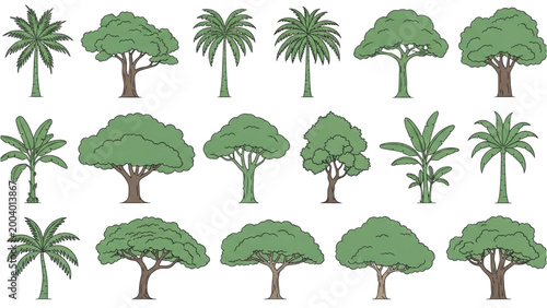 Various trees and palms are illustrated in 2D AutoCAD style.