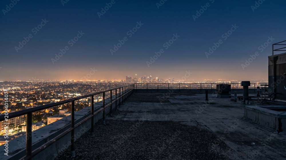 Fototapeta premium Empty rooftop at night overlooking distant glowing city skyline, soft blue twilight, cinematic, hopeful loneliness mood