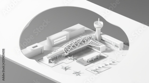 Isometric airport illustration. Buildings, planes, control tower visible. Gray monochrome design, simple geometry, architectural model aesthetic.