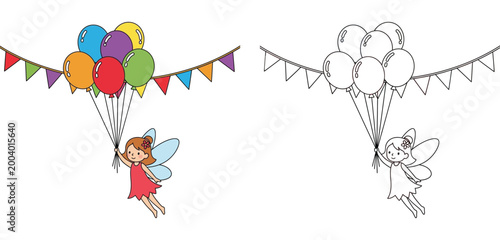 Cute Fairy Flying with Colorful Balloons and Bunting Coloring Page