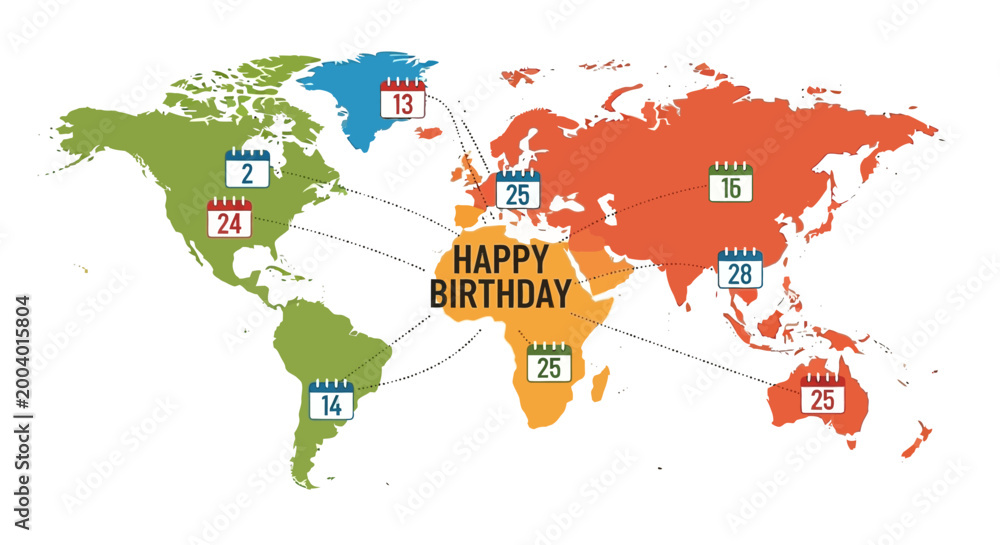 Naklejka premium World map with Happy Birthday message and calendar dates