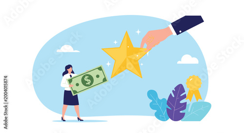 Businessman holding a large green dollar bill while a giant hand from above reaches down with a glowing gold star to award high performance.