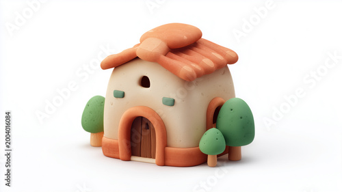 Clay model of a small house with trees on white background