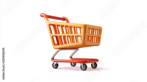 A small orange shopping cart on wheels isolated on white background