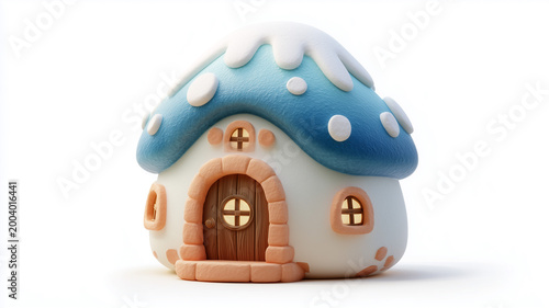 A small white house with a blue roof and brown door on isolated white background