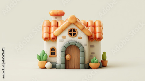 A small white house with orange roof and plants outside on beige background