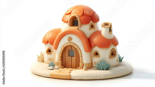 Clay model of a whimsical fantasy house with orange roof isolated on white background