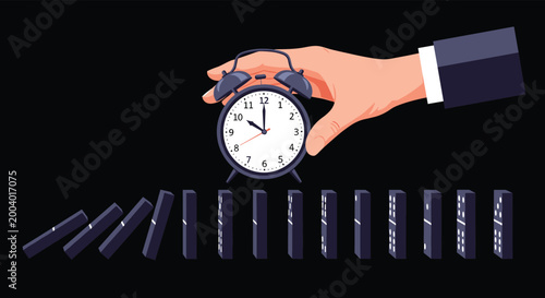 Large hand placing a black alarm clock to block a sequence of falling dominoes, illustrating the concept of timely intervention and prevention.