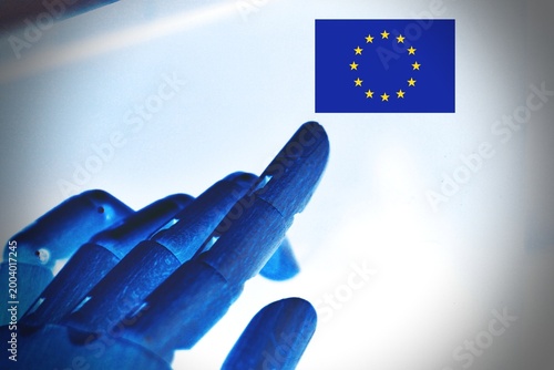 Futuristic EU flag with robotic hand illustrating artificial intelligence governance, highlighting European AI Act, digital regulation, and the relationship between technology and legislation.