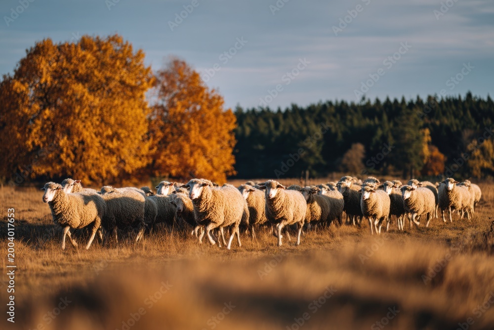 Fototapeta premium group of sheep grazing and walking in countryside field with autumn colors and warm light, livestock farming, agriculture, pastoral scene
