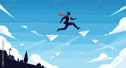 Ambitious businessman jumping between multiple white paper airplanes flying high in a blue sky representing a series of innovative ventures.