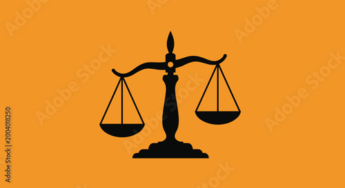 Solid black silhouette of the scales of justice centered on a vibrant orange background symbolizing law and balance in the judicial system.