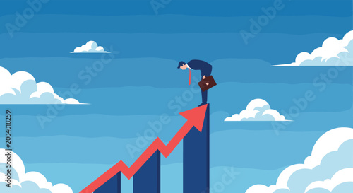 Businessman standing on the highest pillar of a bar chart looking down at a rising red growth arrow to evaluate his recent corporate success.