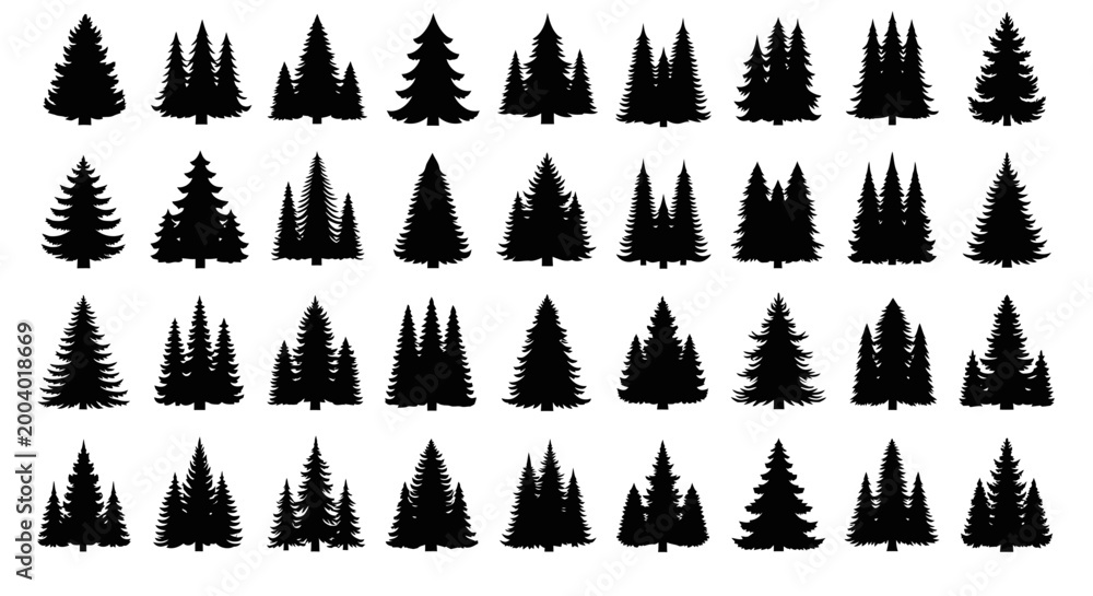 Fototapeta premium Collection of various black pine tree silhouettes on white background forest icons nature symbols graphic elements
