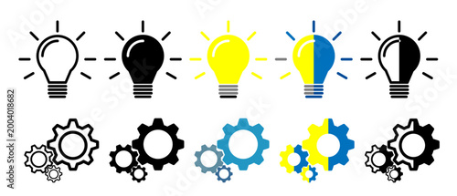 Mega business icon collection: 10 light bulb and gear variations. Creative innovation, teamwork, and technology concept vector set. Minimalist icons in line art, solid, and dual-tone.