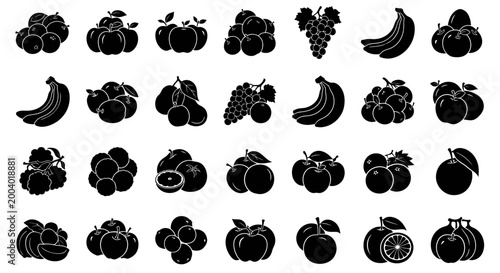 Photography Collection of various fruit icons in black and white including apples bananas gr