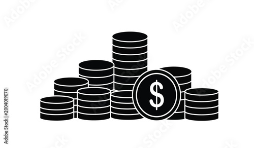 Foto A striking black illustration depicts several stacked coins and a single dollar