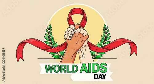 World aids day awareness campaign symbol with red ribbon and hands