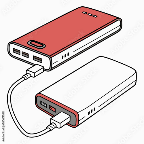 Red and white portable power banks connected