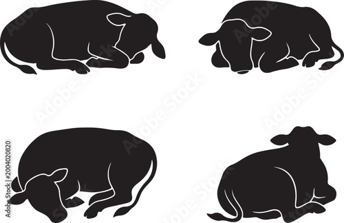sleeping cow silhouette icons set side, front, back, and top views vector art illustration 