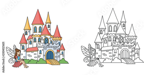 Cute Fairy Sitting by Grand Castle Coloring Page Vector Illustration