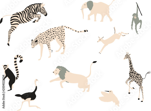 Collection of hand drawn safari animals isolated on transparent background.