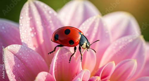Ladybug on pink dahlia flower