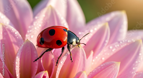 Ladybug on pink flower close-up