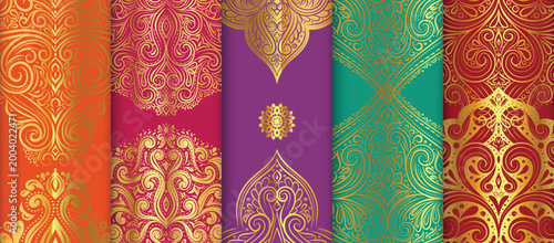 Elegant mandala patterns and gold damask backgrounds in various vibrant colors.