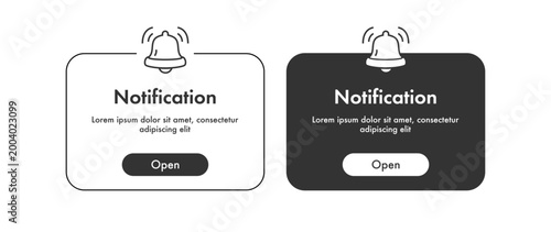 Notification window popup alert ui interface black white color with bell for reminder phone app, mobile reminder, web vector