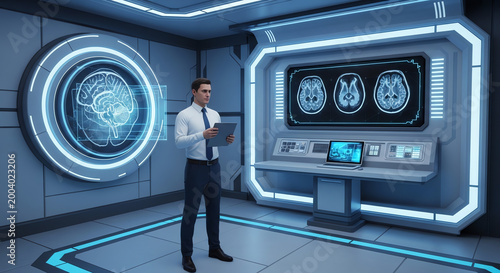 Medical professional analyzing brain scans in futuristic lab