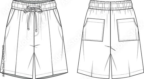 Men's Casual Drawstring Shorts Technical Fashion Flat Sketch Vector Illustration Set with Elastic Waistband and Pocket Details Front and Back.