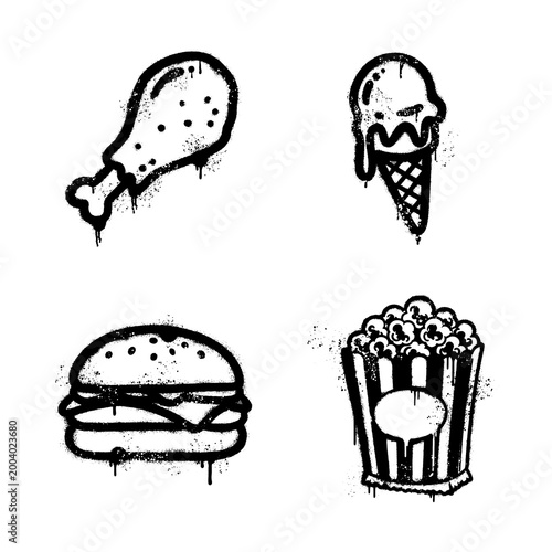 Urban Graffiti Stencil Style Fast Food Icons Set on White Background