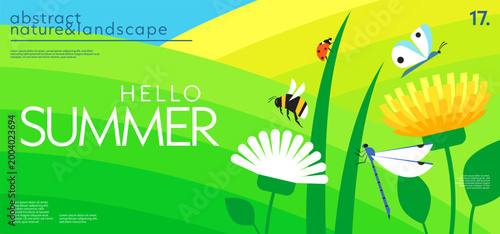 Abstract landscape summer horizontal background with fields or hills, butterfly, bumblebee, dragonfly, ladybug, flowers, grass. Simple nature gradient geometric design for cover, banner, poster, flyer