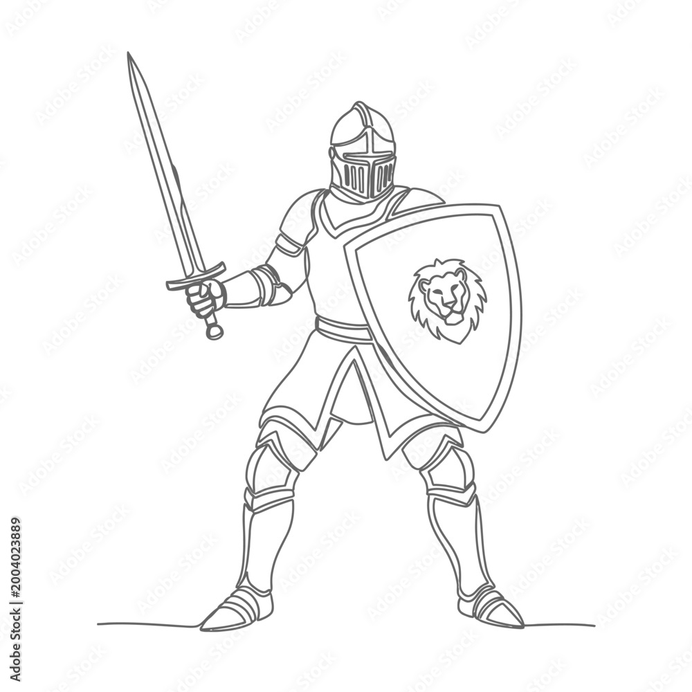 Obraz premium Knight in Armor with Sword and Shield Featuring Lion Emblem