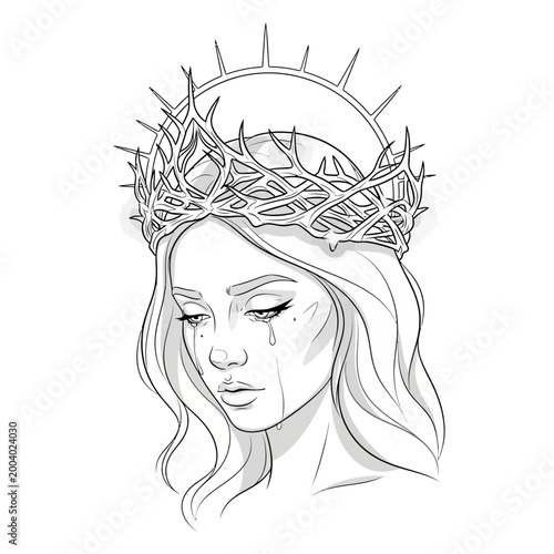Sad Woman Crying with Crown of Thorns and Halo - Religious Suffering and Hope